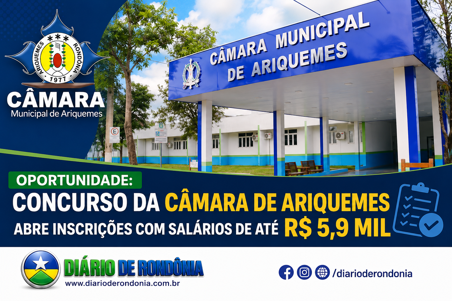 Oportunidade: Concurso da Câmara de Ariquemes abre inscrições com salários de até R$ 5,9 mil