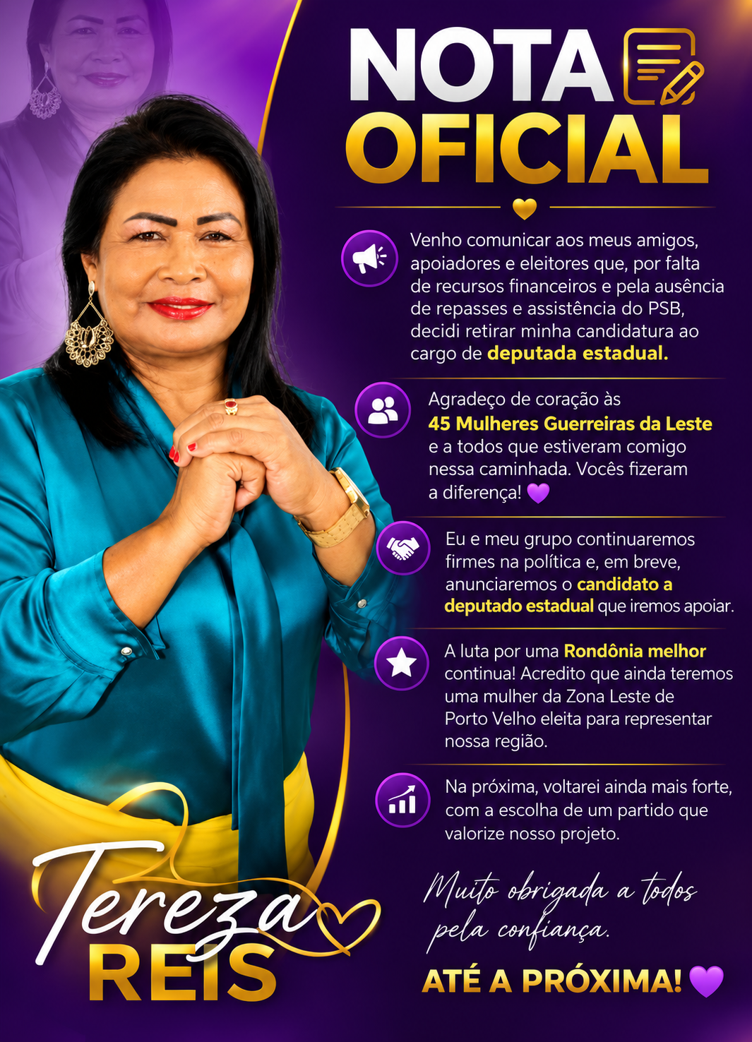 Tereza Reis retira candidatura à Assembleia Legislativa e cita falta de recursos e apoio do PSB